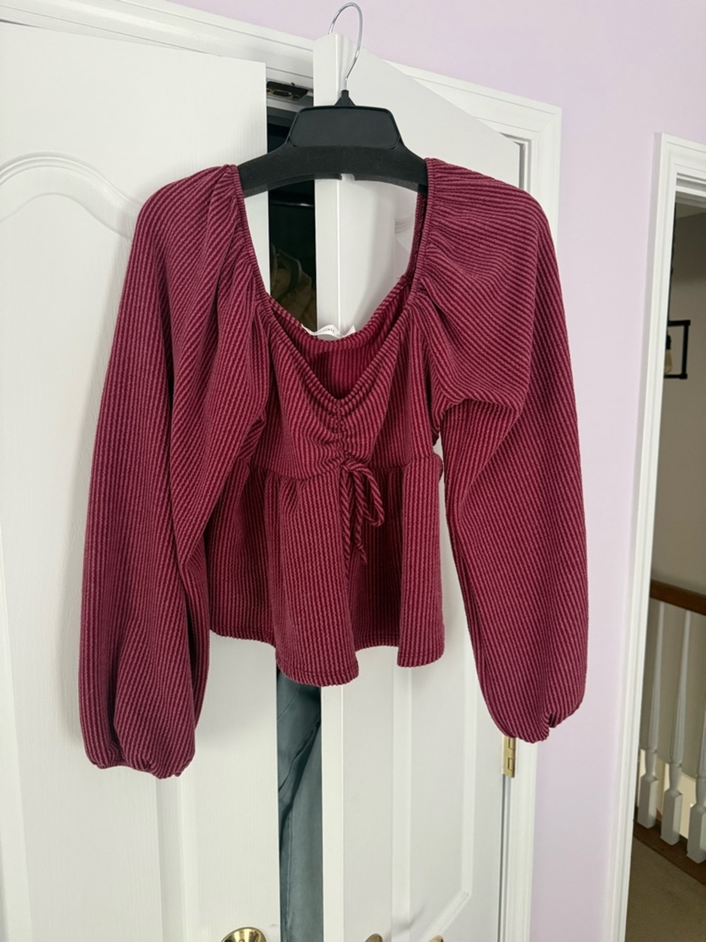 Altar'd State Wine Ribbed Peasant Blouse with Drawstring